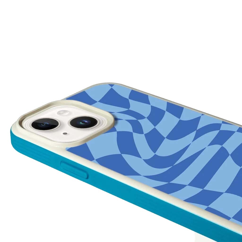 MagSafe iPhone 14 Blue Swirl Checkerboard Print Case