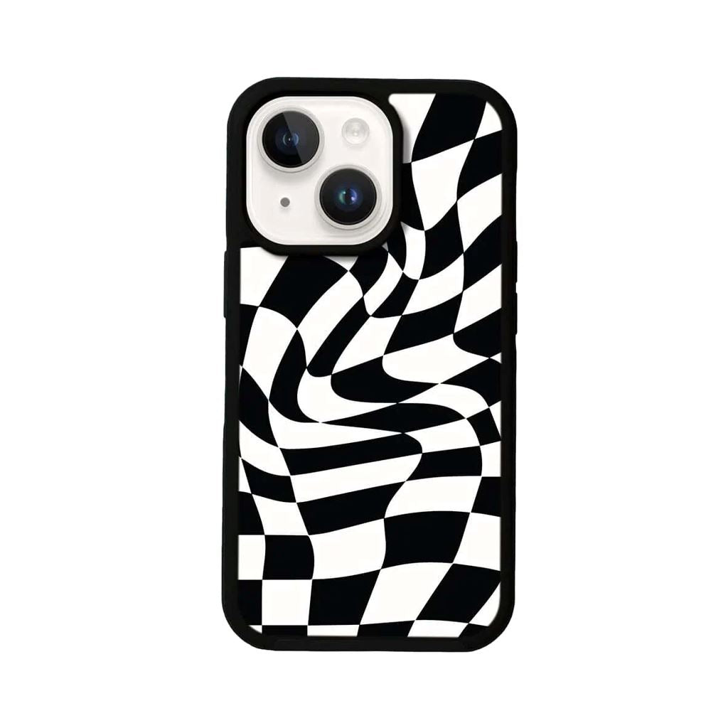 MagSafe iPhone 14 Black Swirl Checkerboard Print Case