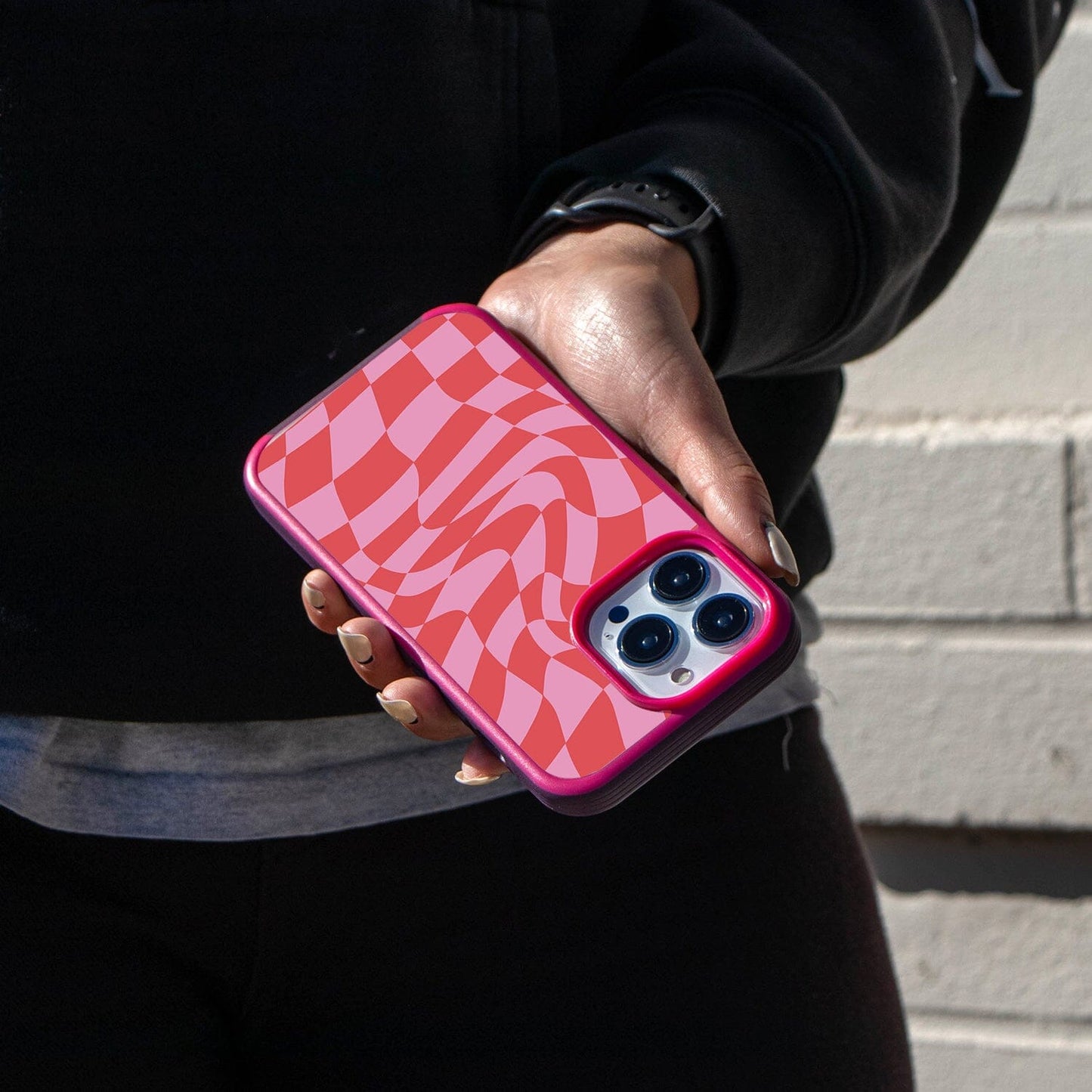 MagSafe iPhone 14 Pro Pink Swirl Checkerboard Print Case