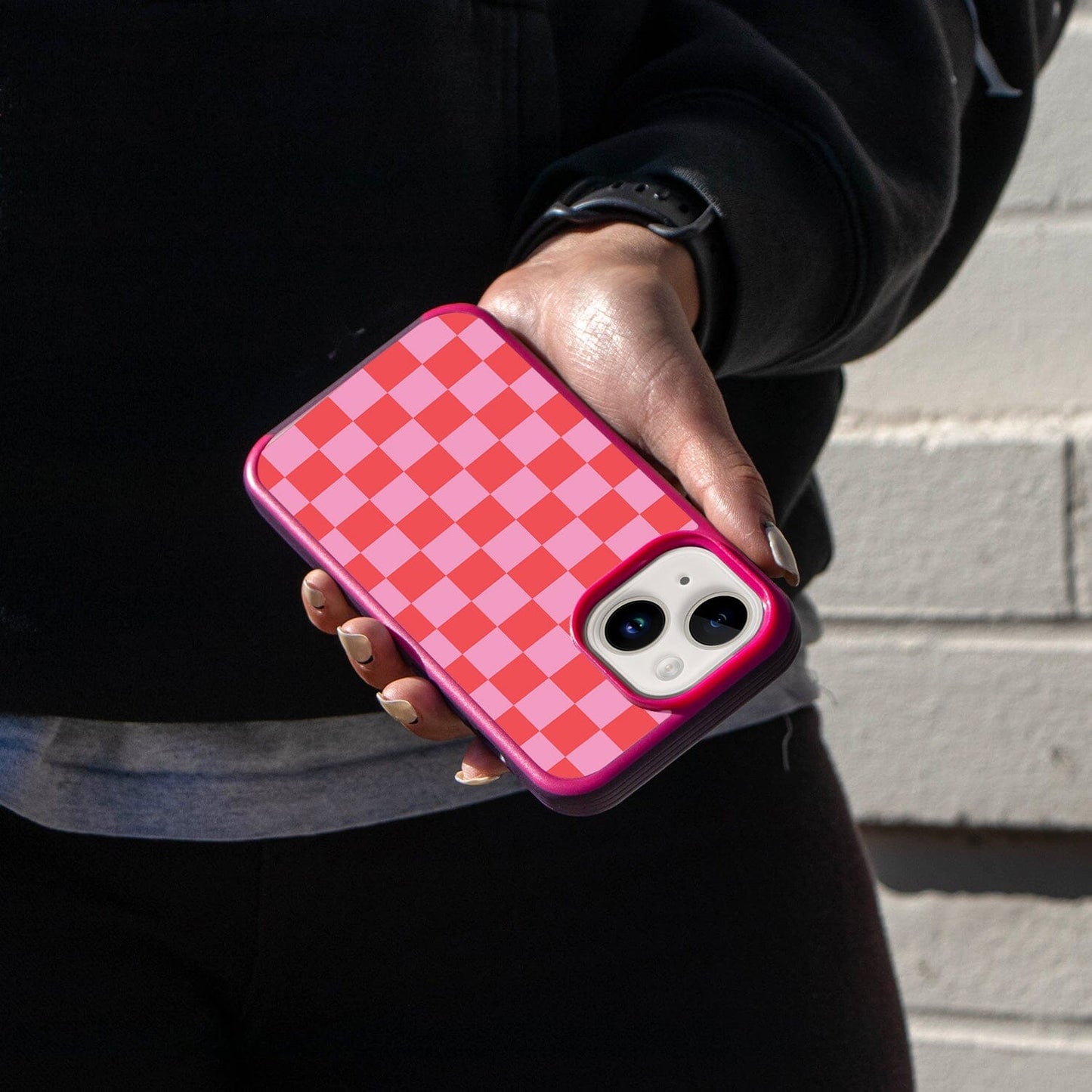 MagSafe iPhone 14 Plus Pink Checkerboard Print Case