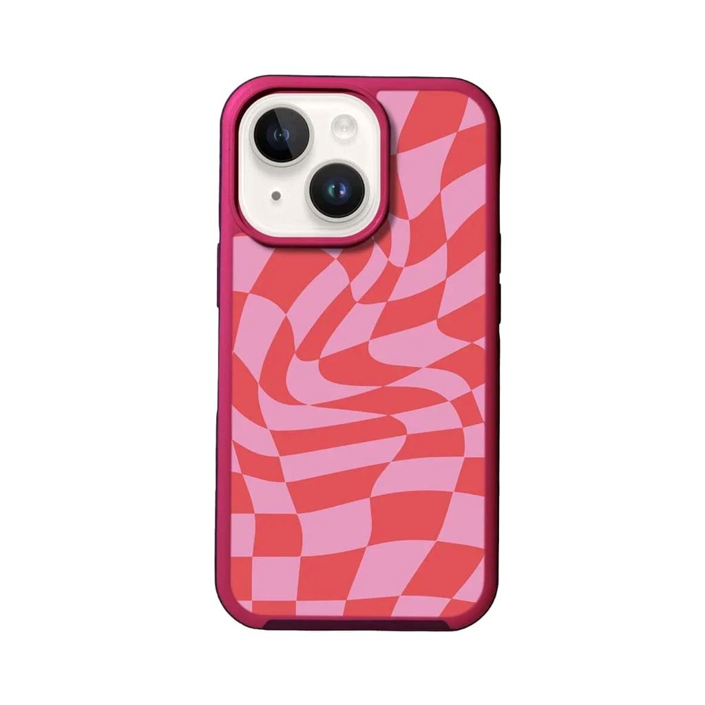 MagSafe iPhone 14 Pink Swirl Checkerboard Print Case