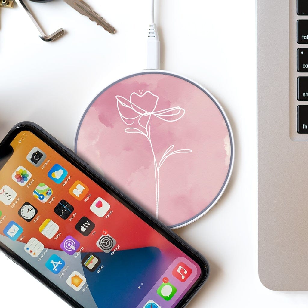 Wireless Charging Pad - Blush Pink Day Break Flower Design (with Phone and Laptop)
