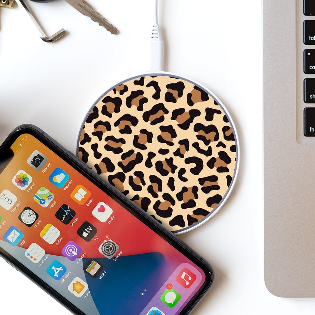 Wireless Charging Pad - Leopard Brown Print Design (with Phone and Laptop)