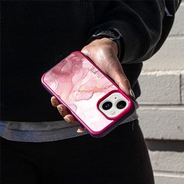 iPhone 14 Pink Blush Marble Case - Fremont Grip (Girl in Black holding a phone)