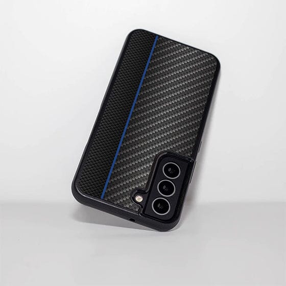 Samsung Galaxy S22 Blue Line Design Fremont Grip Case Black Carbon Fiber (Upside View)