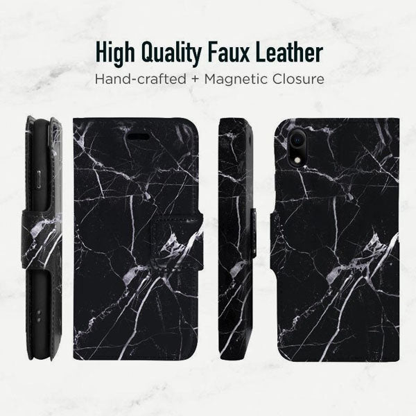 iPhone XR Folio Wallet Case - Marble Wallet - Black - Vegan Leather