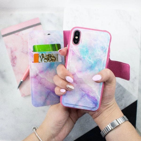 iPhone X & iPhone XS Folio Wallet Case - Marble Wallet - Unicorn - On Hands