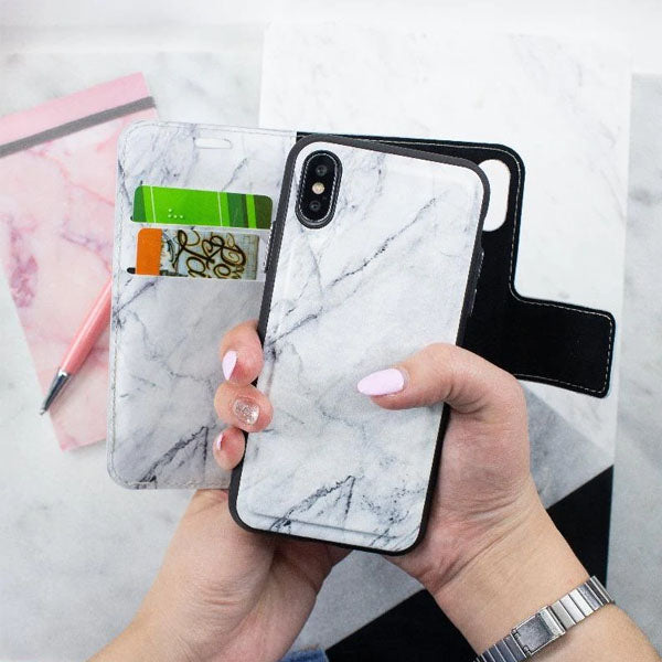 iPhone X & iPhone XS Folio Wallet Case - Marble Wallet - Grey - On Hands