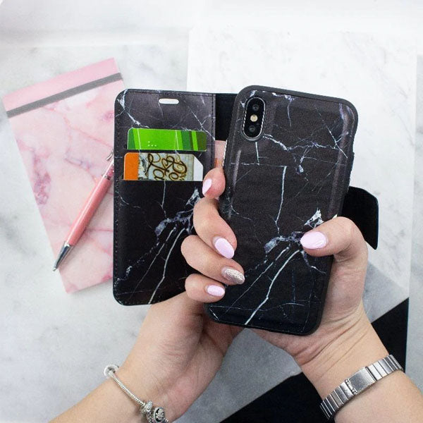 iPhone X & iPhone XS Folio Wallet Case - Marble Wallet - Black - On Hands