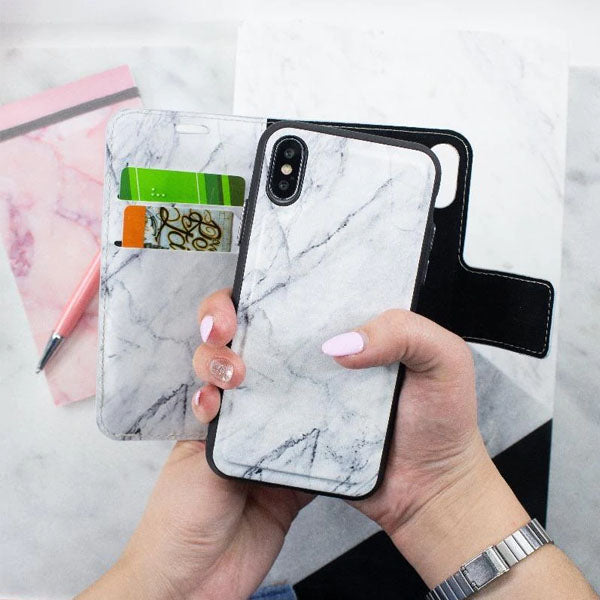 iPhone 7 & iPhone 8 Folio Wallet Case - Marble Wallet - Grey - On Hands