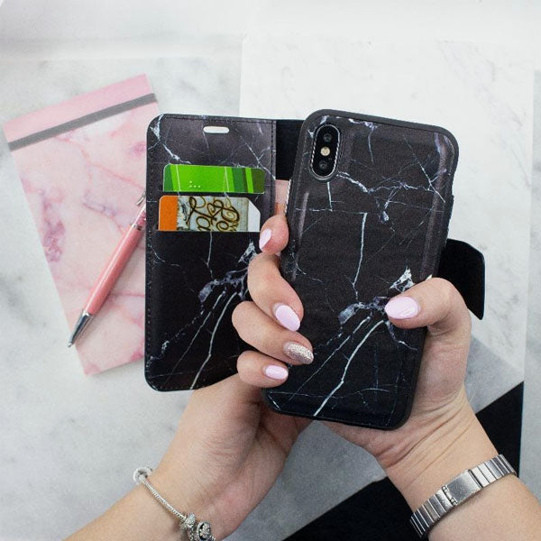 iPhone XR Folio Wallet Case - Marble Wallet - Black - On Hands
