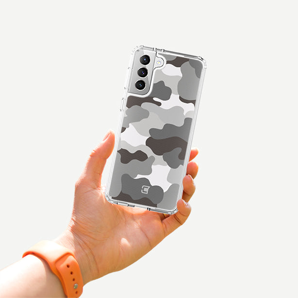 Samsung Galaxy S21 FE Camo Phone Case - Grey by Mandy | Caseco Inc. (Back with Hand)