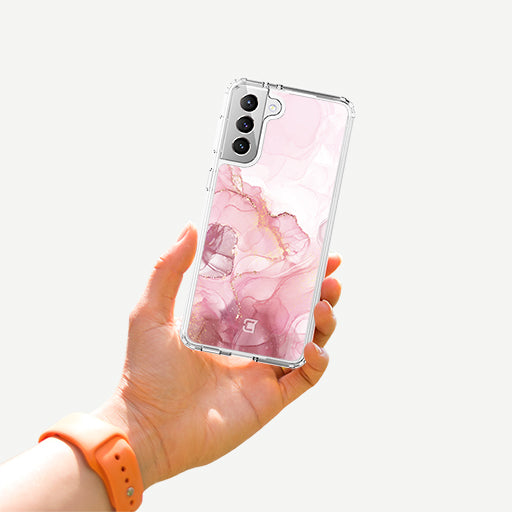 Samsung Galaxy S21 FE Marble Phone Case - Blush by Mandy  | Caseco Inc. (Back with Hand)