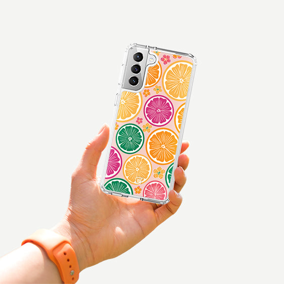 Samsung Galaxy S21 FE Tropical Fruit Phone Case - Citrus by Mandy | Caseco Inc. (Back with Hand)