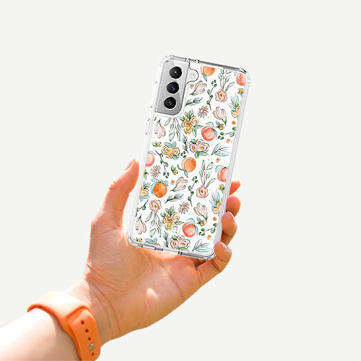 Samsung Galaxy S22 Plus Tropical Fruit Phone Case - Peachy by Mandy | Caseco Inc. (Back with Hand)