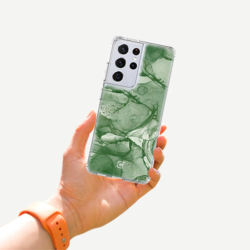 Samsung Galaxy S21 Ultra Marble Phone Case - Emerald by Mandy  | Caseco Inc. (Back with Hand)