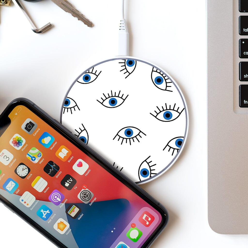 Wireless Charging Pad - Abstract Blue Evil Eye Design (with Phone and Laptop)