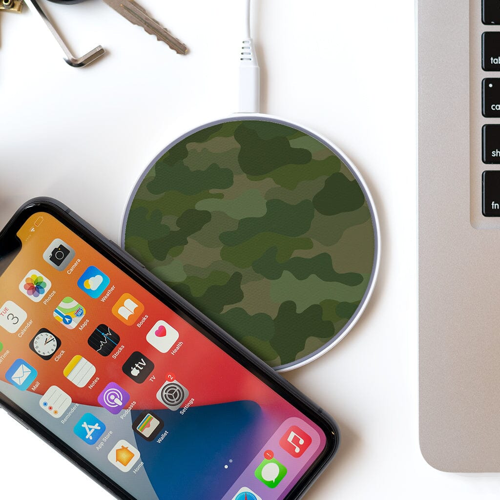 Wireless Charging Pad - Green Camo Design (with Phone and Laptop)