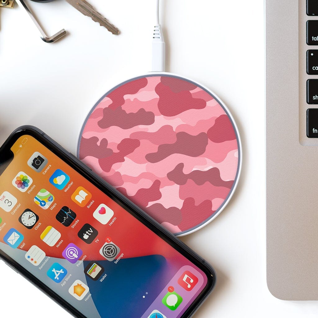 Wireless Charging Pad - Pink Camo Design (with Phone and Laptop)