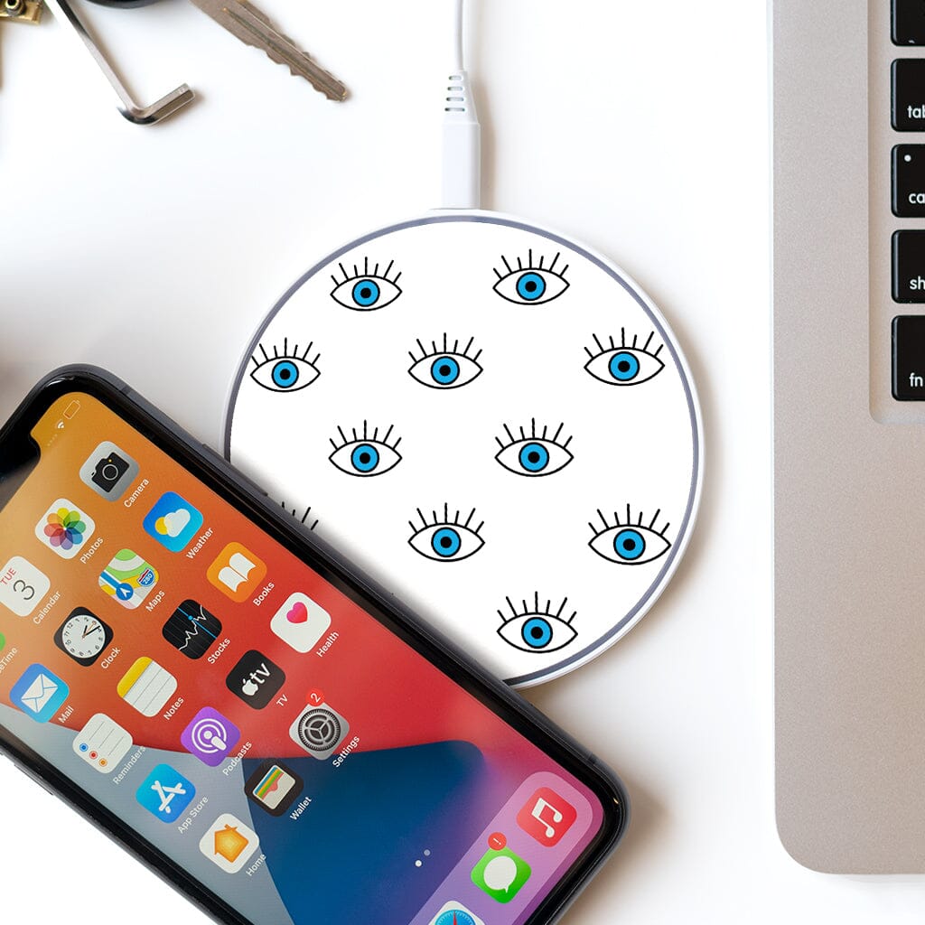 Wireless Charging Pad - Seamless Blue Evil Eye Design (with Phone and Laptop)