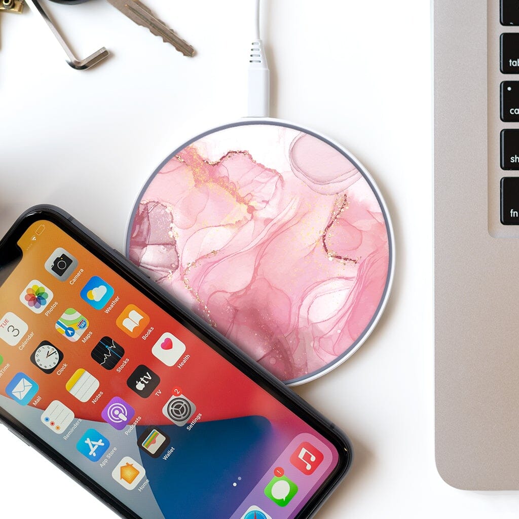 Wireless Charging Pad - Blush Pink Marble Design (with Phone and Laptop)