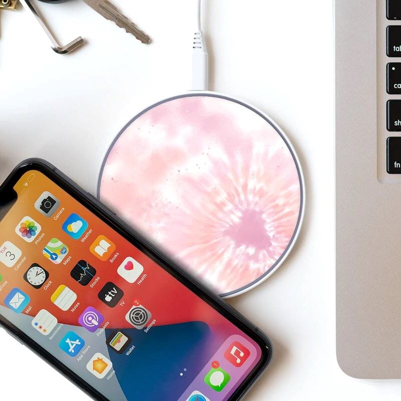 Wireless Charging Pad - Bubble Gum Pink Tie Dye Design (with Phone and Laptop)