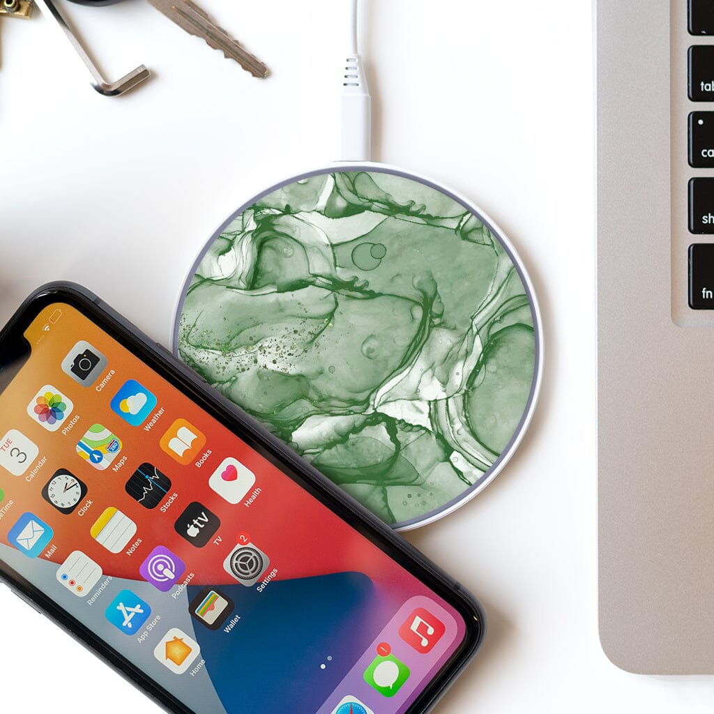 Wireless Charging Pad - Emerald Green Marble Design (with Phone and Laptop)