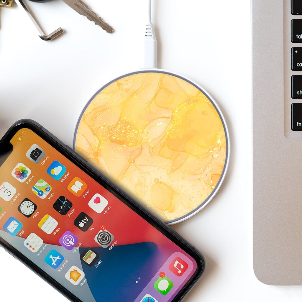 Wireless Charging Pad - Yellow Gold Marble Design (with Phone and Laptop)