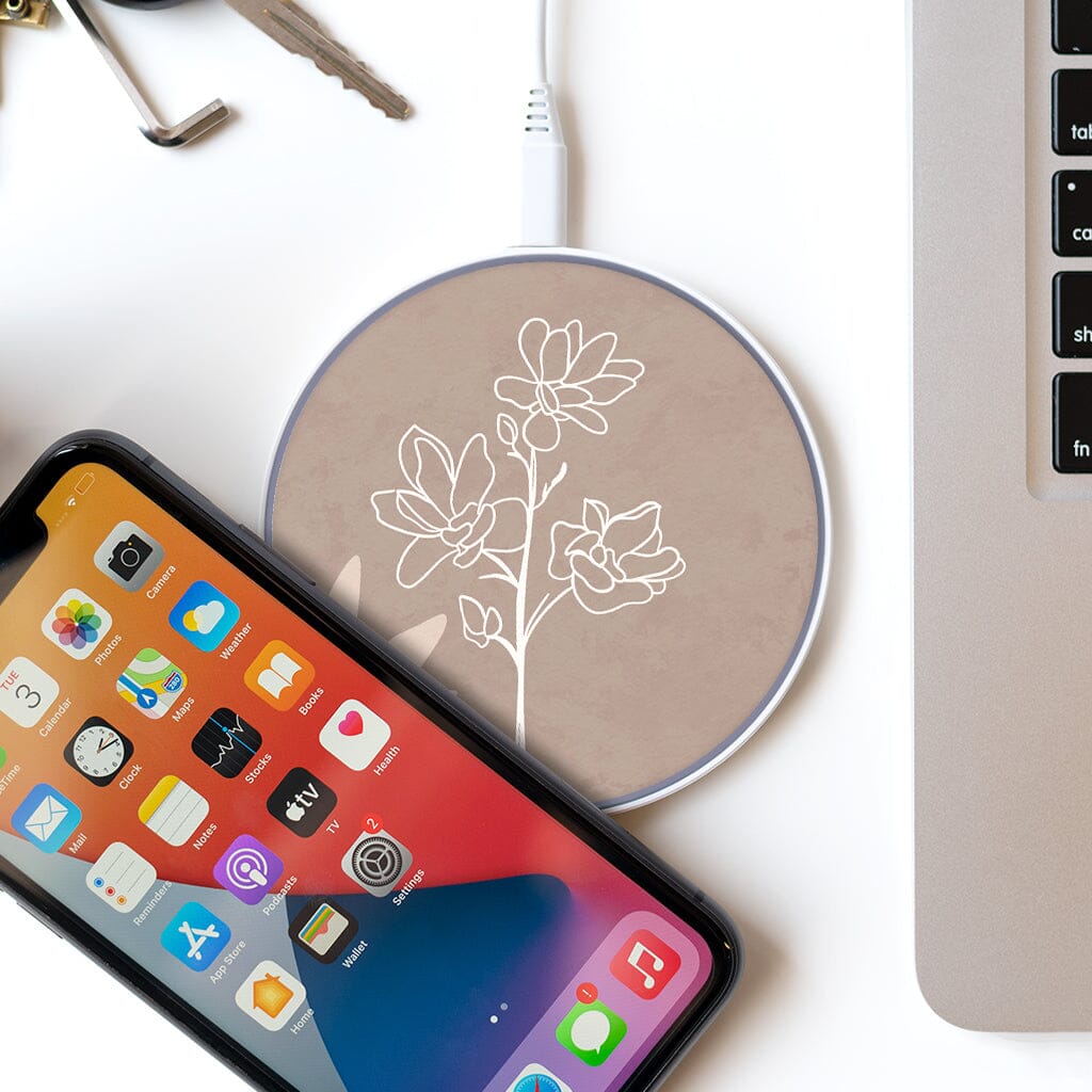 Wireless Charging Pad - In Bloom   Brown Flower Design (with Phone and Laptop)