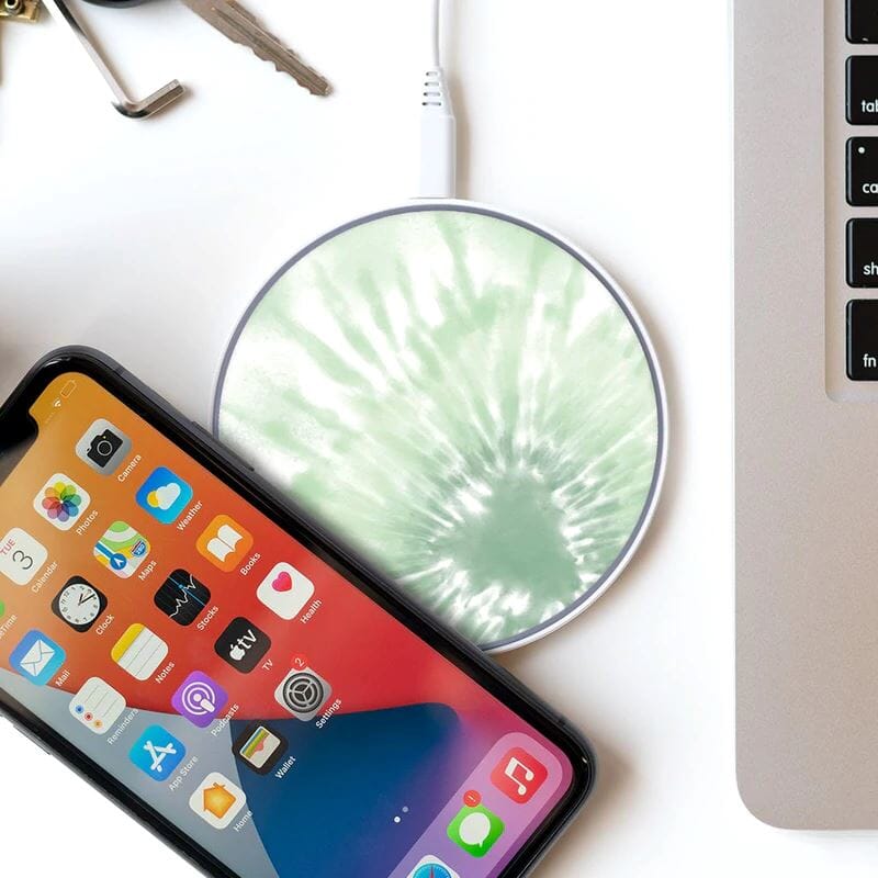 Wireless Charging Pad - Mint Green Tie Dye Design (with Phone and Laptop)