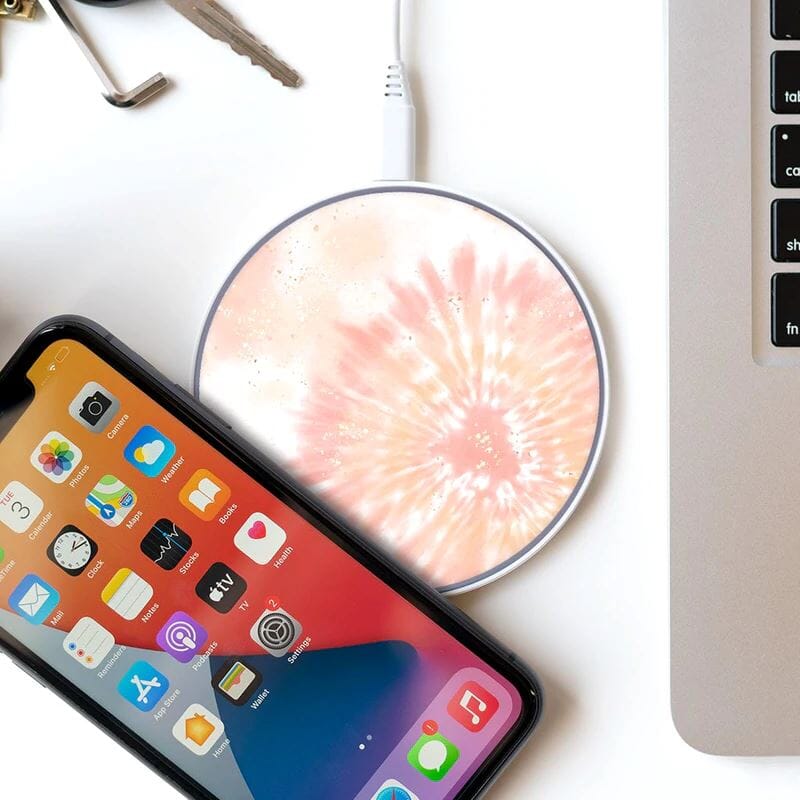 Wireless Charging Pad - Peach Sparkle Orange Tie Dye Design (with Phone and Laptop)