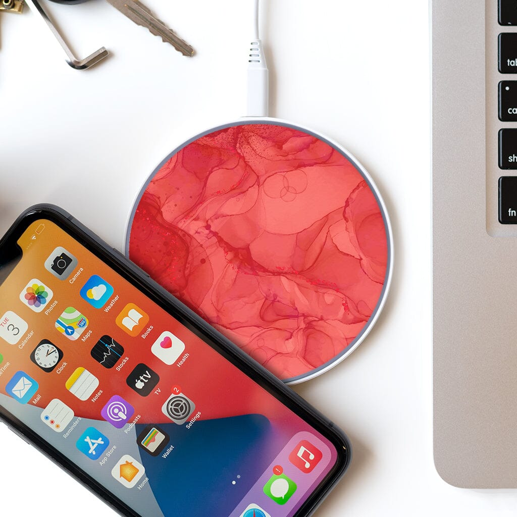 Wireless Charging Pad - Rouge Red Marble Design (with Phone and Laptop)