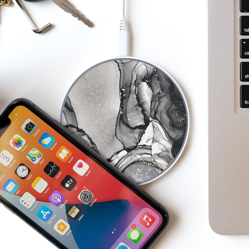 Wireless Charging Pad - Smoky Black Marble Design (with Phone and Laptop)