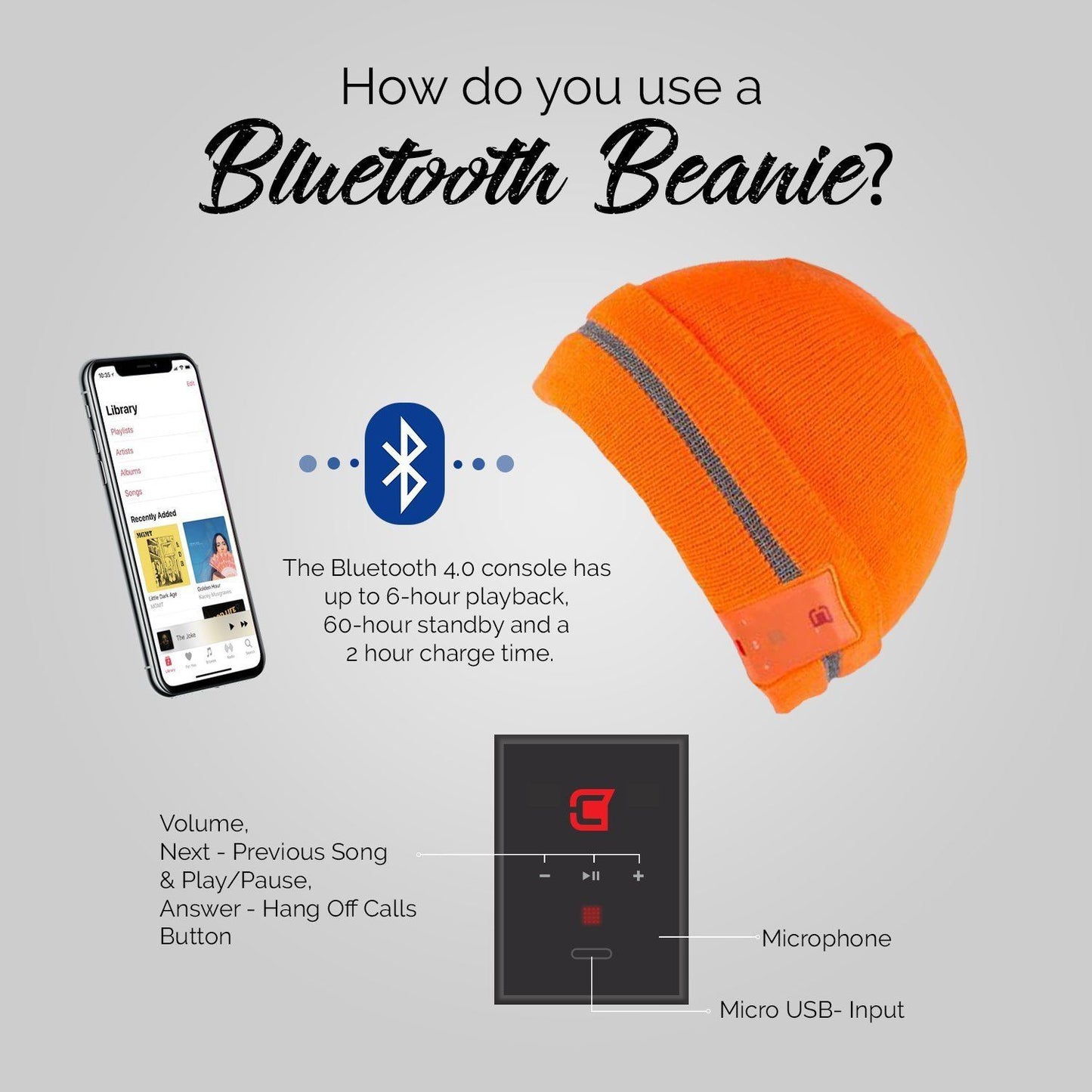 Blu Toque Unisex Warm Hat Bluetooth Beanie  - Dare to Glare Neon | Caseco Inc. (Side-Orange Bluetooth Beanie)