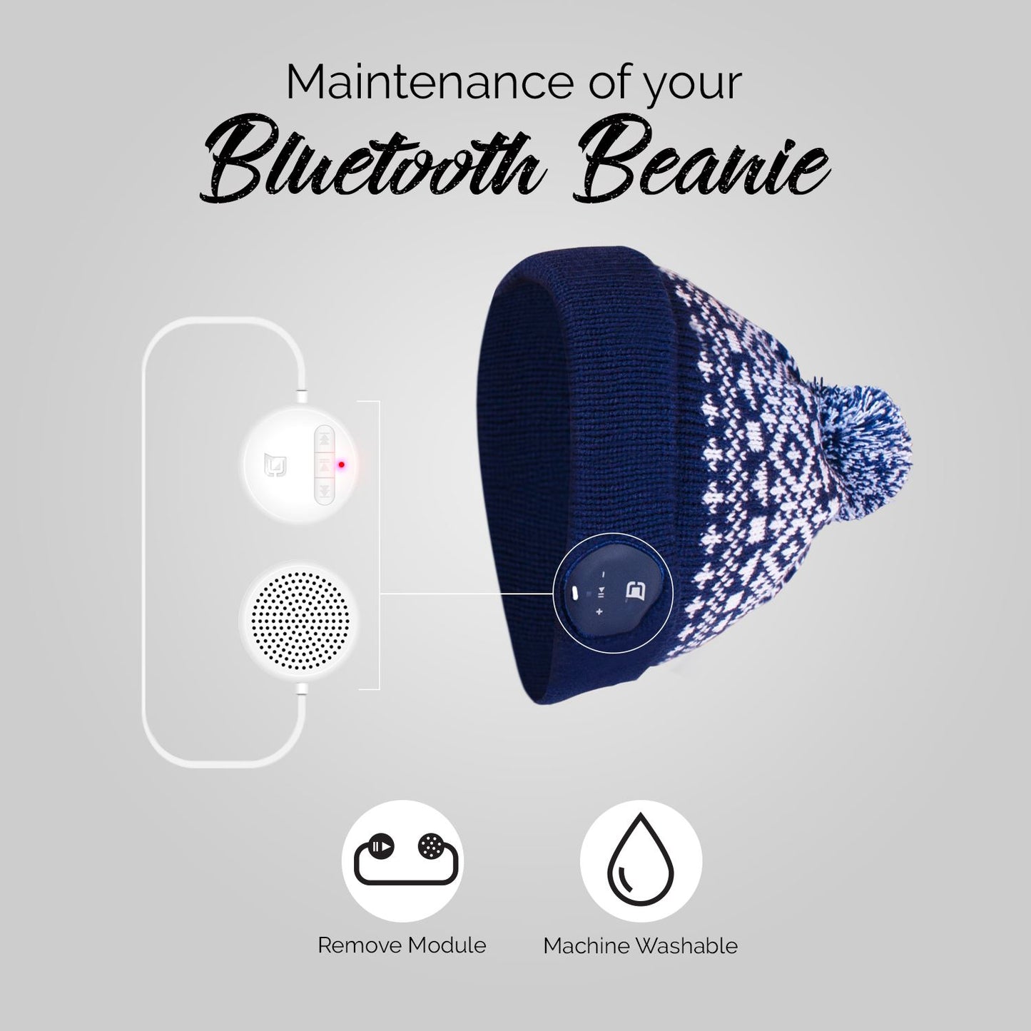 Blu Toque Bluetooth Beanie With Pom Pom - Navy With Snow Pattern | Caseco Inc. (Washable)