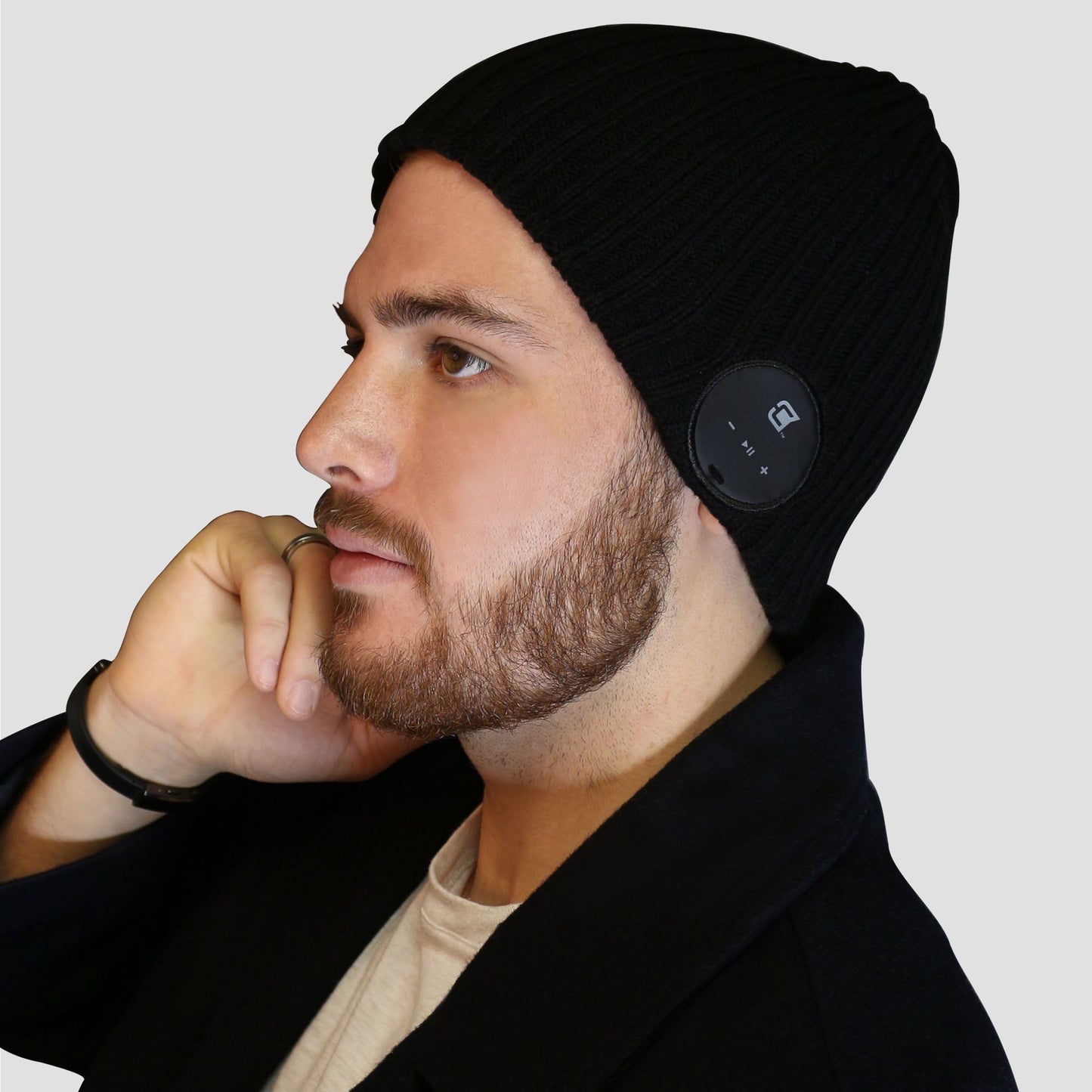 Blu Toque Wide Ribbed Bluetooth Beanie - Charcoal Black | Caseco Inc. (Side- Influencers 2)