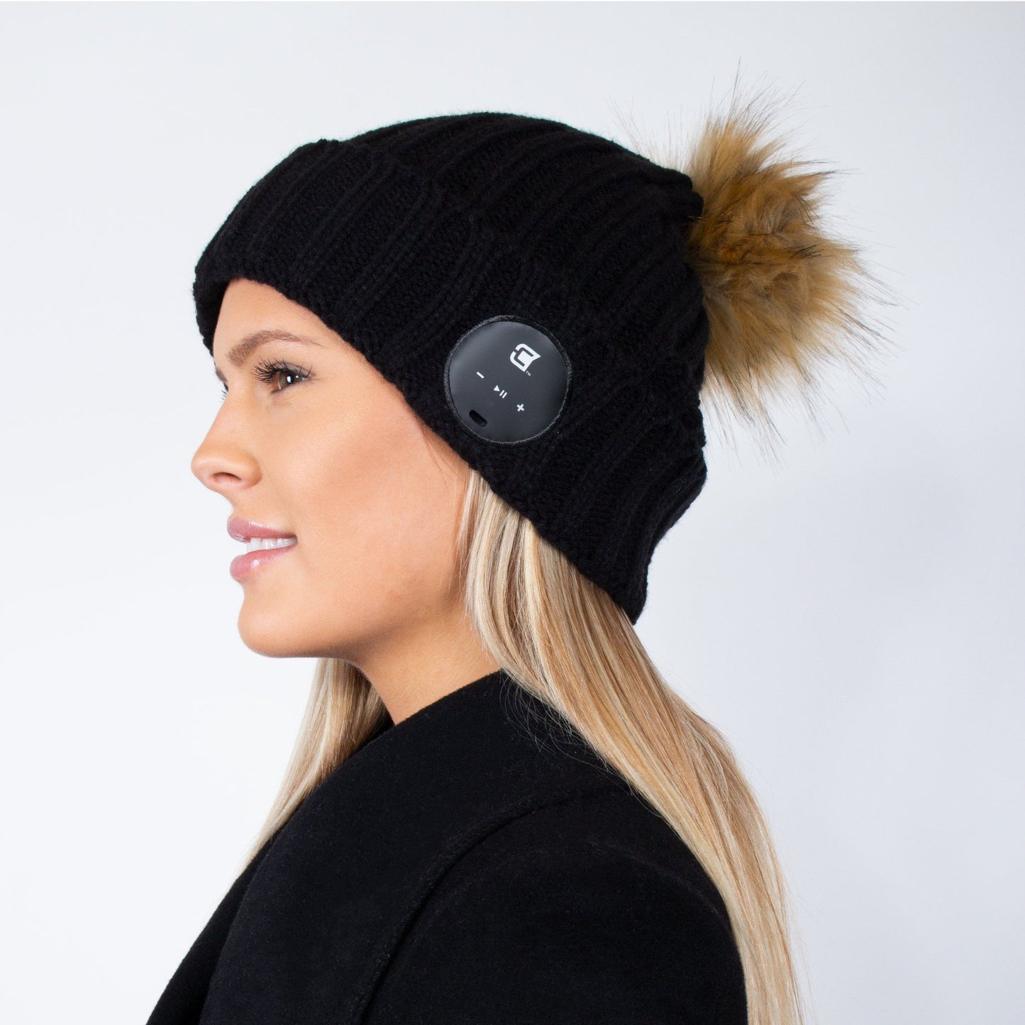 Woman Bluetooth Beanie With Brown Faux Fur Pom Pom - Black | Caseco Inc. (Side-Beanie)