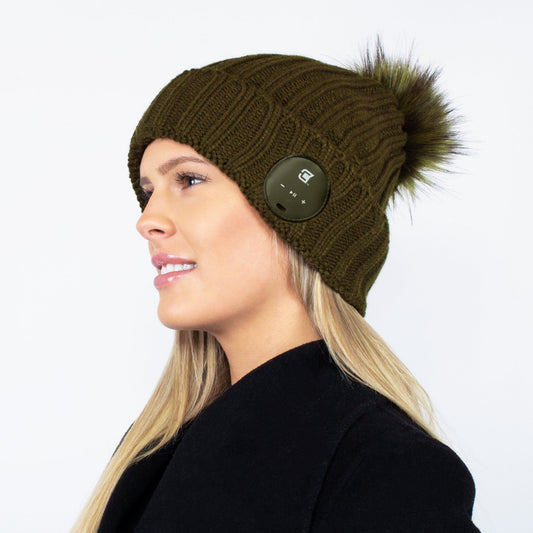 Woman Bluetooth Beanie With Olive Green Faux Fur Pom Pom - Olive Green | Caseco Inc. (Side-Green Beanie)