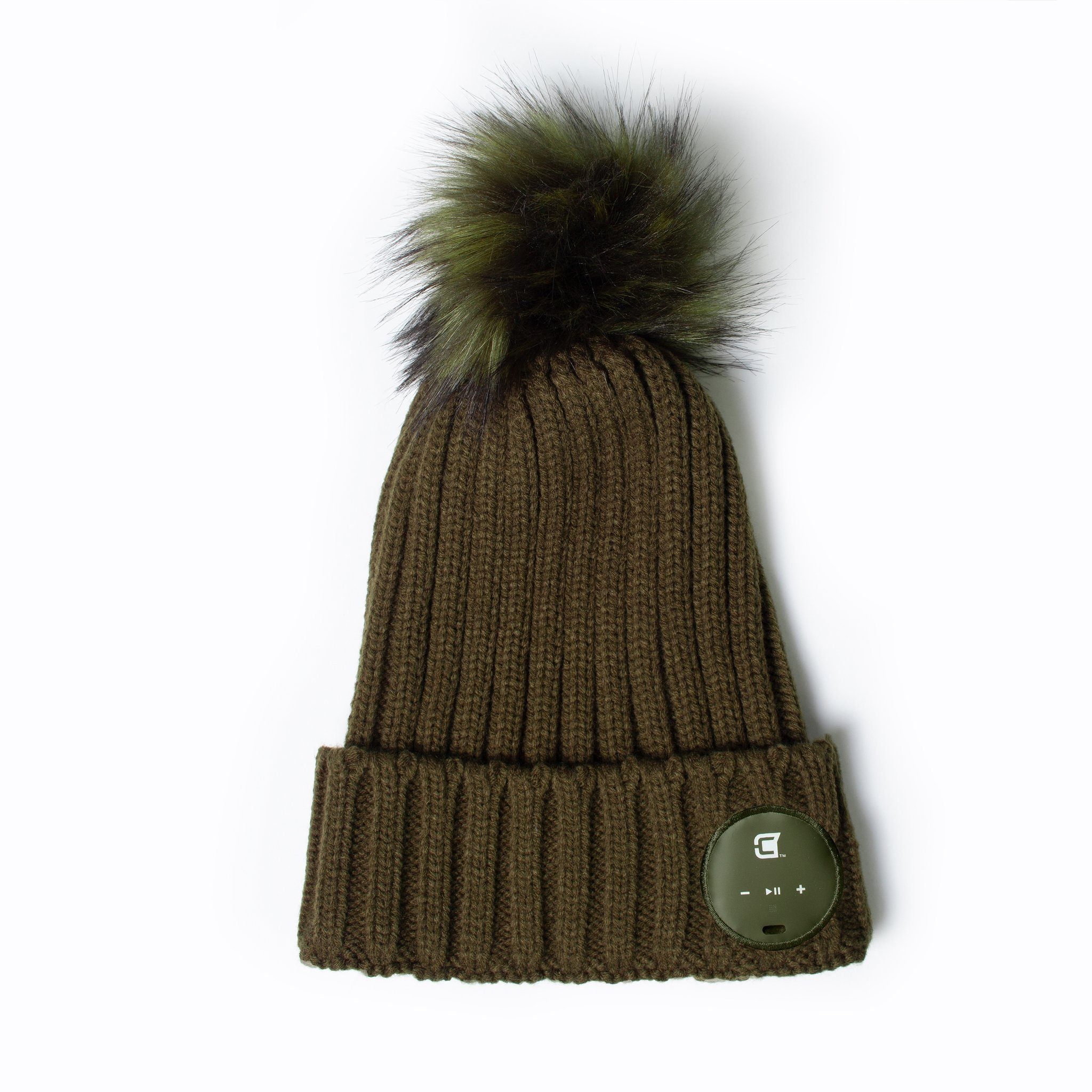Bluetooth Beanie Dual Layered Olive with Green Faux Fur Pom Blu-Toque Caseco Inc 