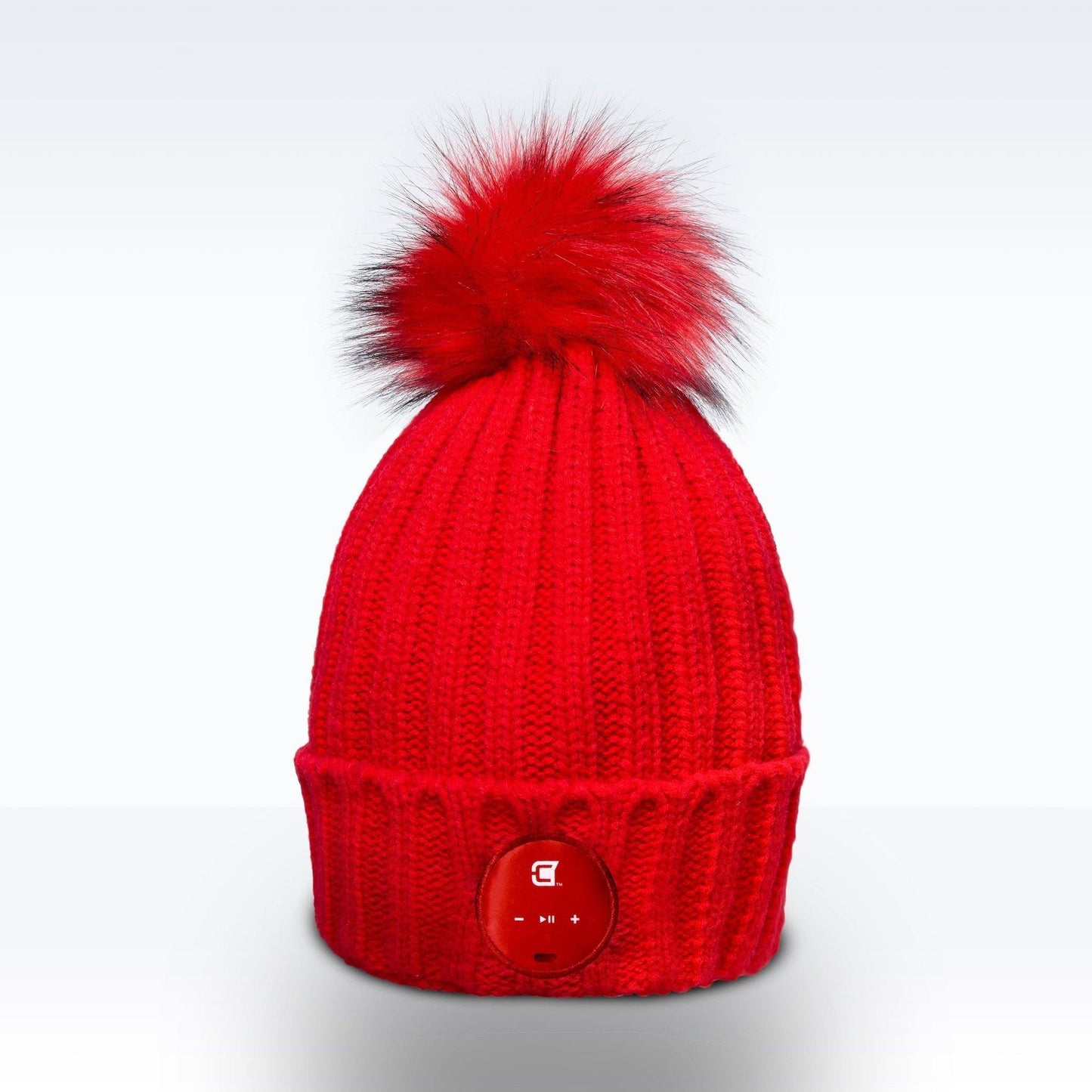 Woman Bluetooth Beanie With Red Faux Fur Pom Pom - Red | Caseco Inc. (Front-Red Beanie)