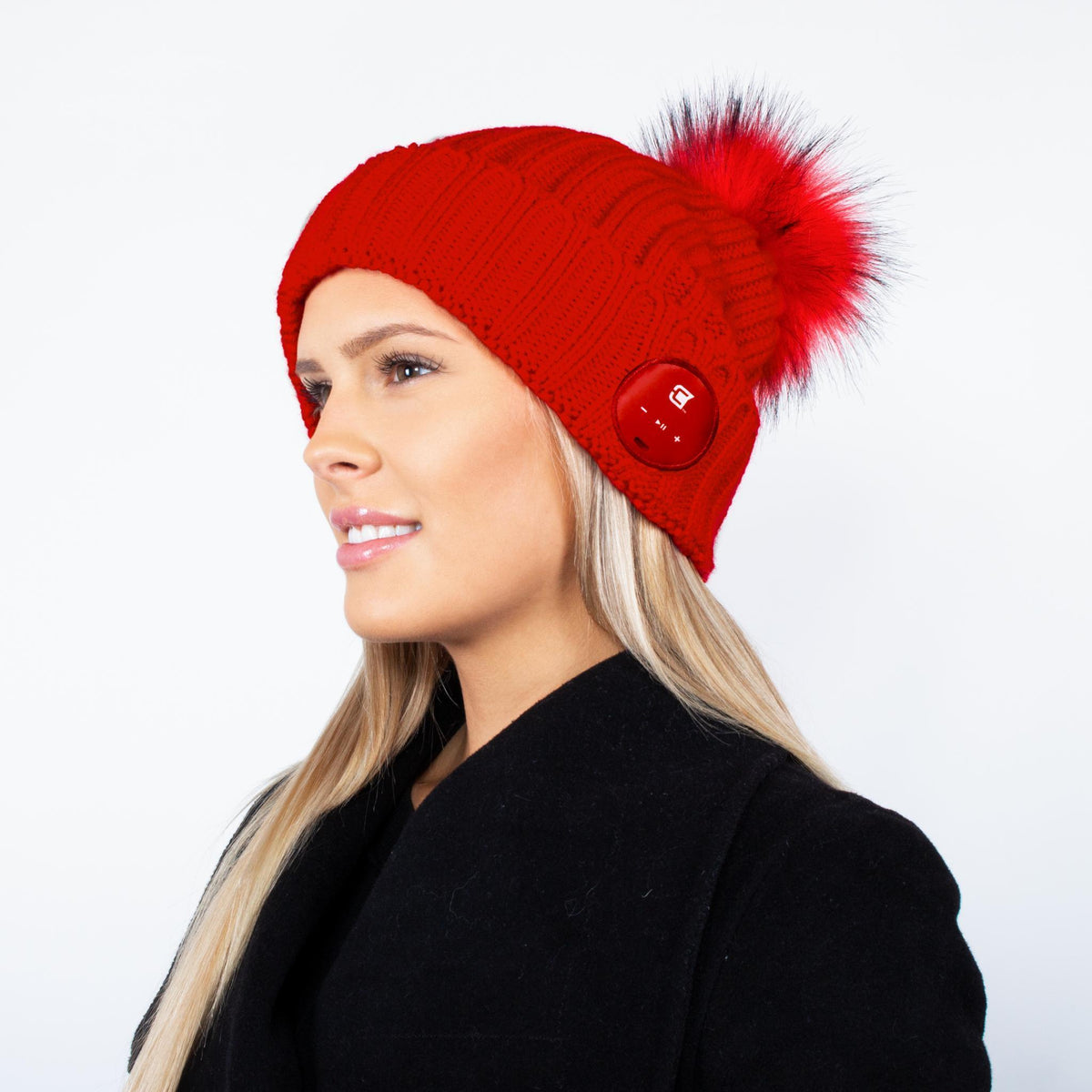 Woman Bluetooth Beanie With Red Faux Fur Pom Pom - Red | Caseco Inc. (Side-Red Beanie)