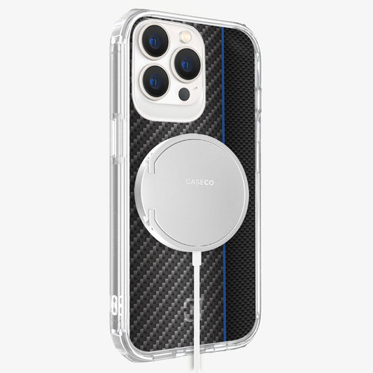 iPhone 12 Pro Max Blue Line Design Clear Case Black Carbon Fiber with MagSafe (Side View)