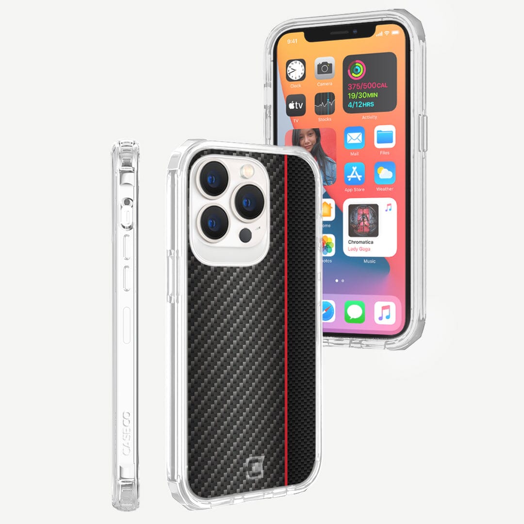 iPhone 12 Pro Max Red Line Design Clear Case Black Carbon Fiber with MagSafe (Rear and Front View)