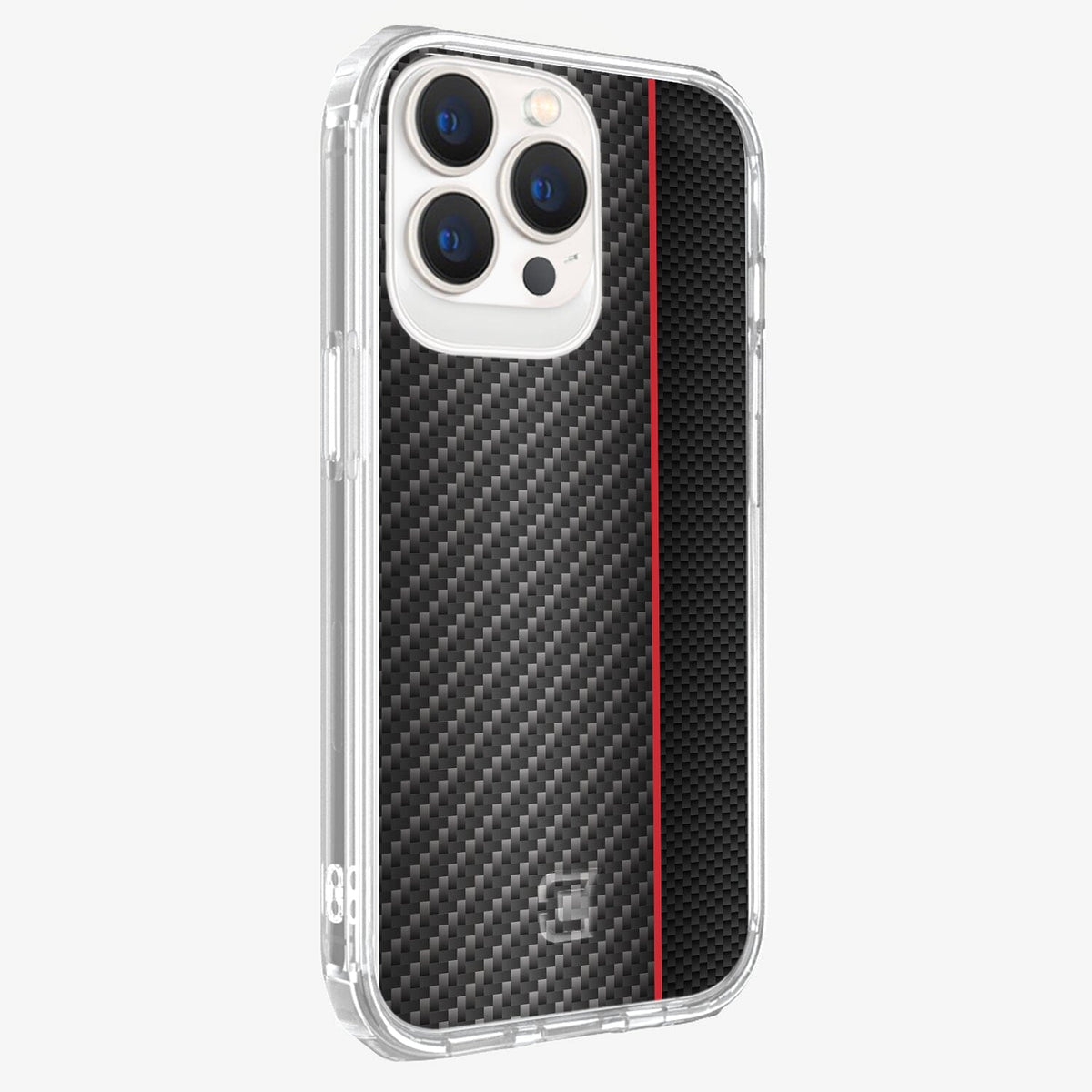 iPhone 12 Pro Max Red Line Design Clear Case Black Carbon Fiber with MagSafe (Side Angle View)