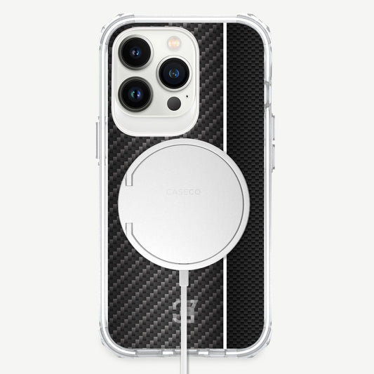iPhone 12 Pro Max White Line Design Clear Case Black Carbon Fiber with MagSafe (Front View)