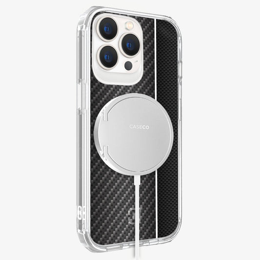 iPhone 12 Pro Max White Line Design Clear Case Black Carbon Fiber with MagSafe (Side View)