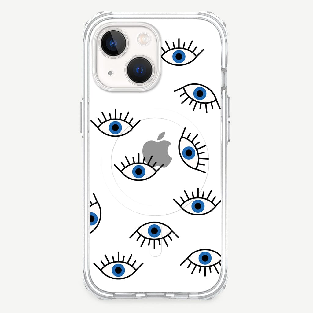 iPhone 13 Blue Evil Eye Design Clear Case Abstract White with MagSafe (Front View)