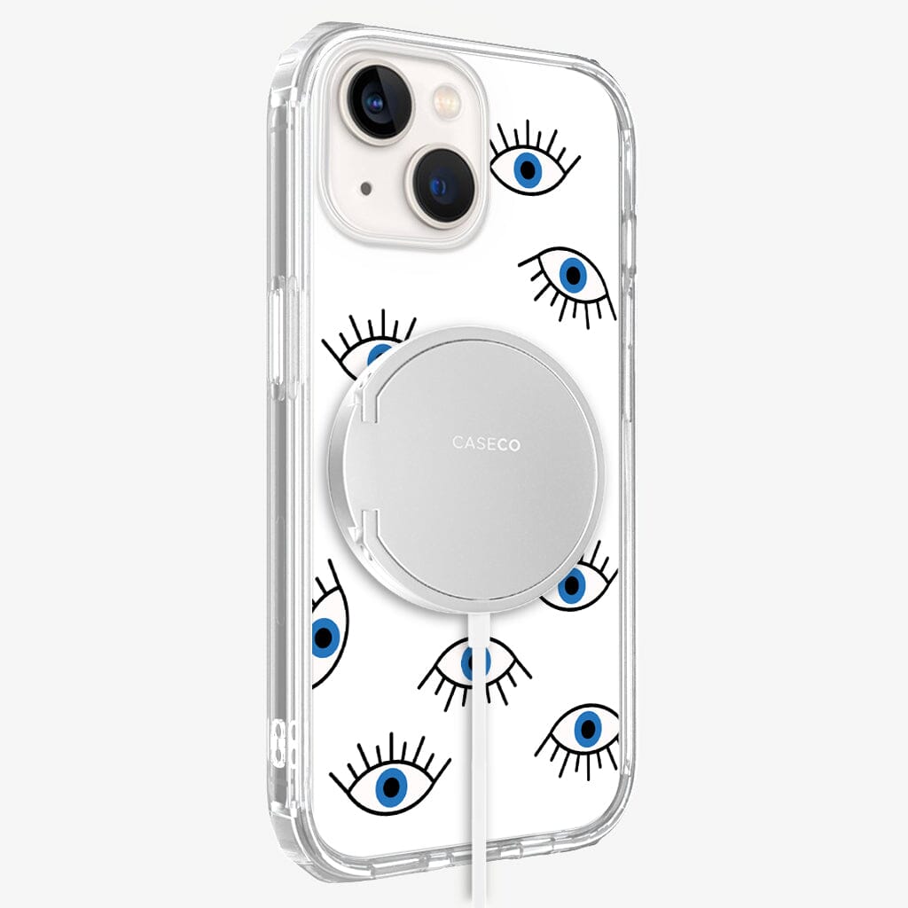 iPhone 13 Blue Evil Eye Design Clear Case Abstract White with MagSafe (Side View)