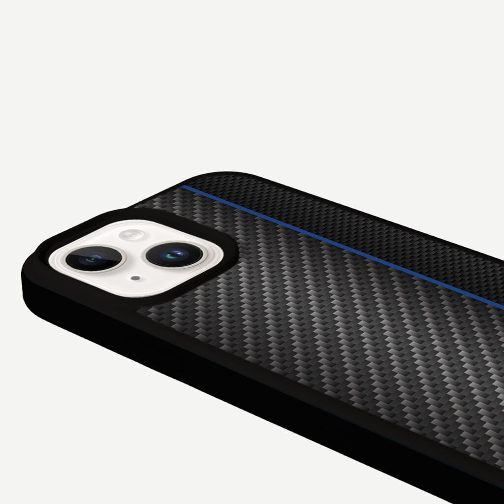 iPhone 13 Blue Line Design Fremont Grip Case Black Carbon Fiber with MagSafe (Camera View)