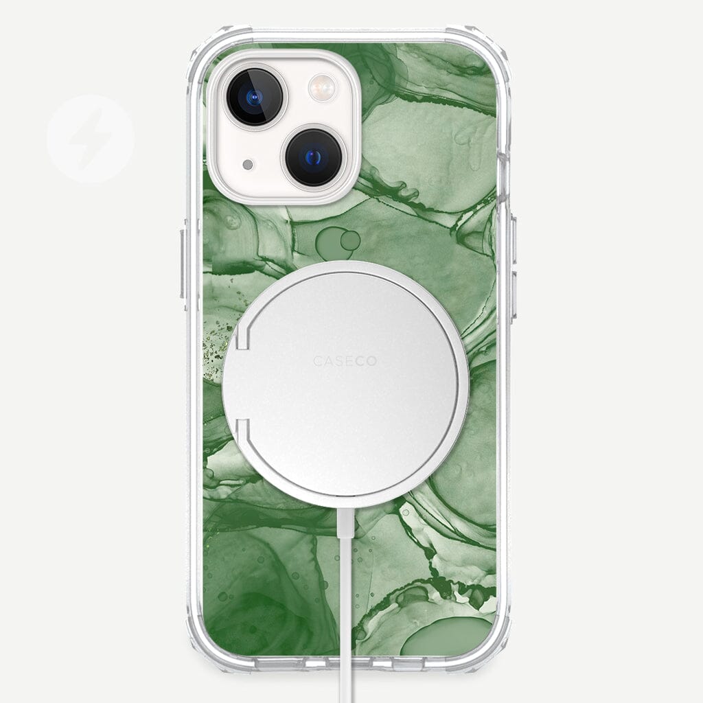 iPhone 13 Emerald Design Clear Case Green Marble with MagSafe (Front View)
